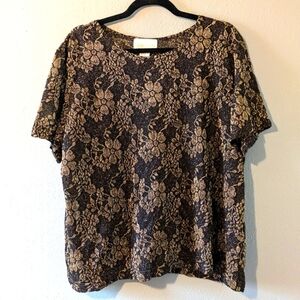 Vintage Y2K Black Gold Floral Shimmer Sheer Top Size 2X